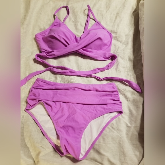 Lavender wrap around high waisted rauched swim size large - Picture 2 of 7